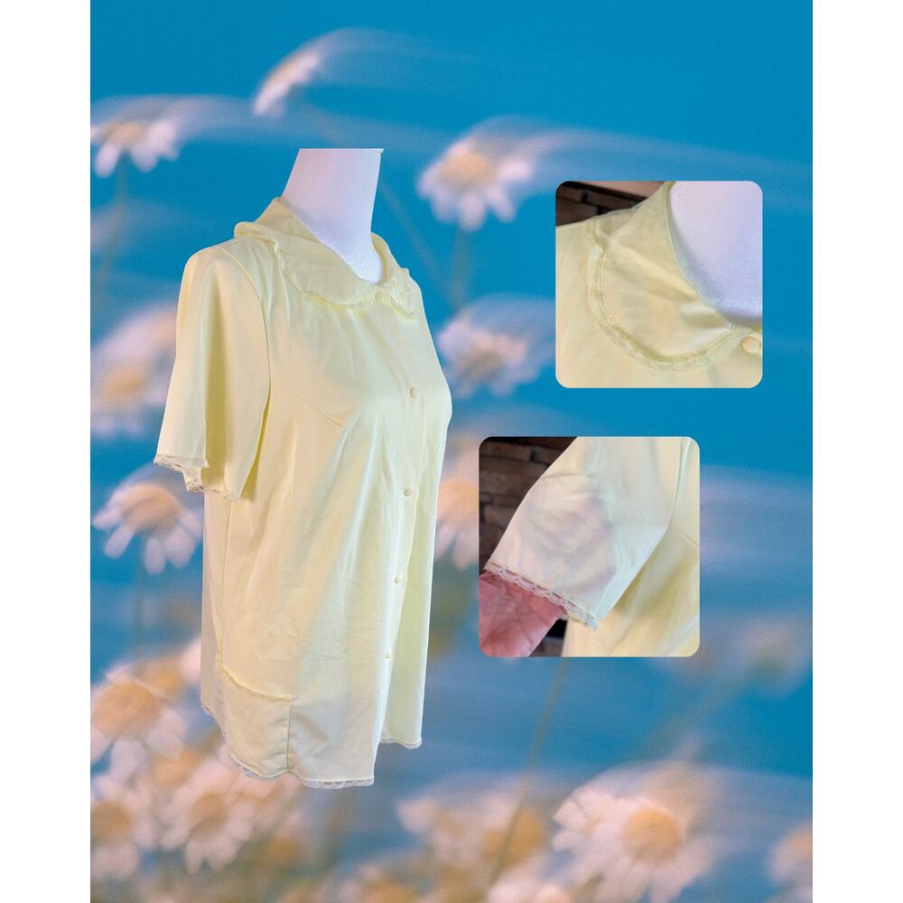 VTG 70s Shadowline Nylon Tricot Coquette Sleep Shirt Butter Yellow Lace Collar M - Picture 2 of 4